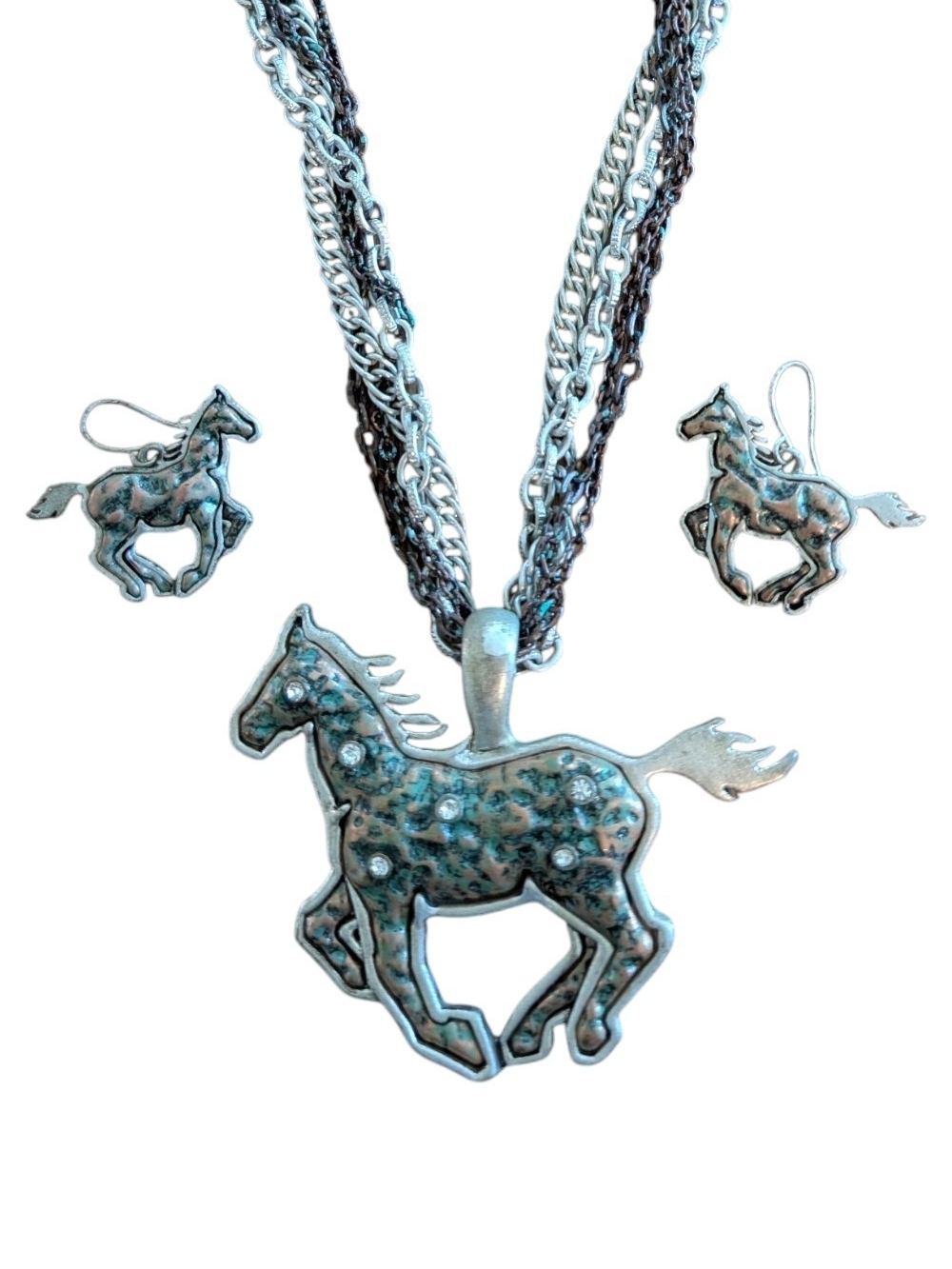 Silver Horse Pendant Necklace with Matching Earrings - Green Accents